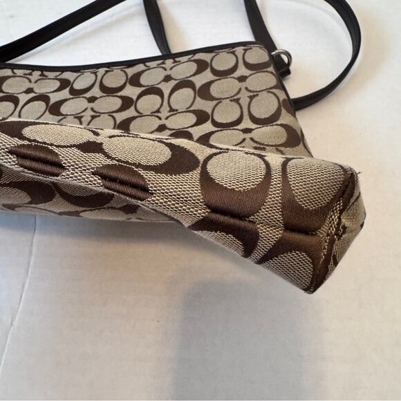 Coach Brown Tan Signature Canvas Crossbody Bag Handbag Purse Leather Trim - Picture 4 of 12